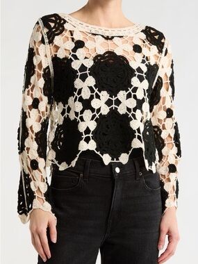 Black & Cream Crochet Crewneck Sweater